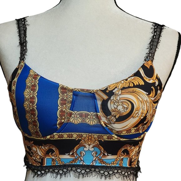 Versace style 3 Piece Stretchy Ensemble Jacket Crop Top Pant Medusa chic - Picture 3 of 16